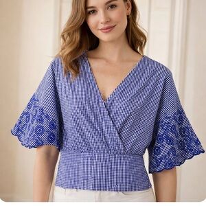 Grifflin Paris Faux Wrap Cropped Top Medium Navy Blue Gingham Check